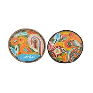 Vtg Tonala Mexico 6" Wall Plate 2pc Set Clay Folk Art Hand Painted Bird Acapulco